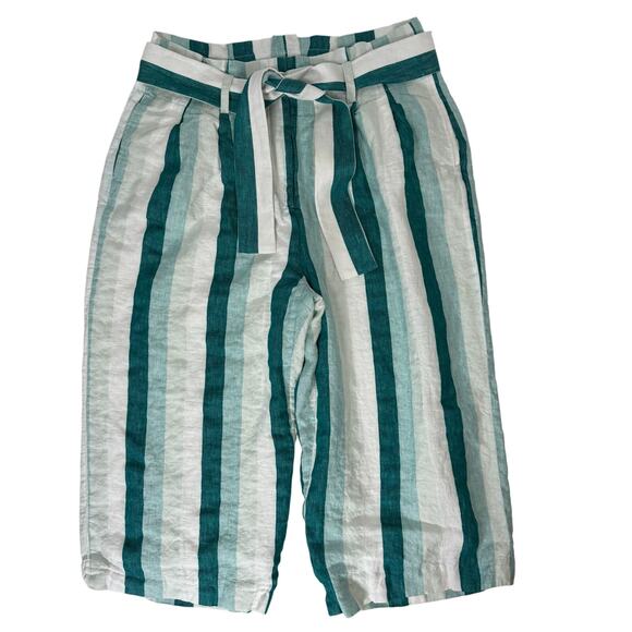 J.Crew 100% Linen Striped Wide Leg Crop Pants Women’s 14 Teal White - Picture 2 of 8